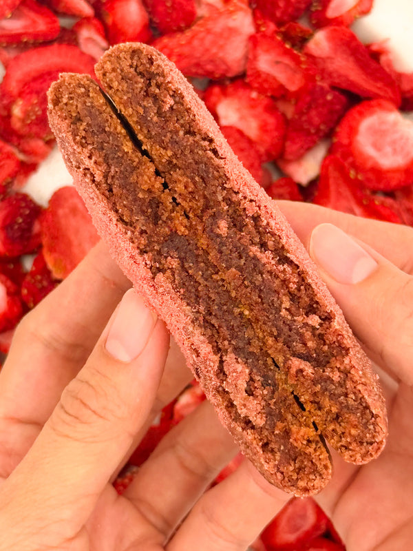 Redhead: inside of a soft gluten-free strawberry cookie with summery strawberry notes