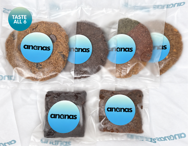 Six individually packaged Ananas treats, top down sampler of our fan favorites