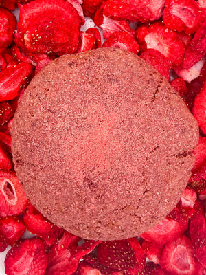 Redhead: gluten-free strawberry cookie on a bed of strawberries