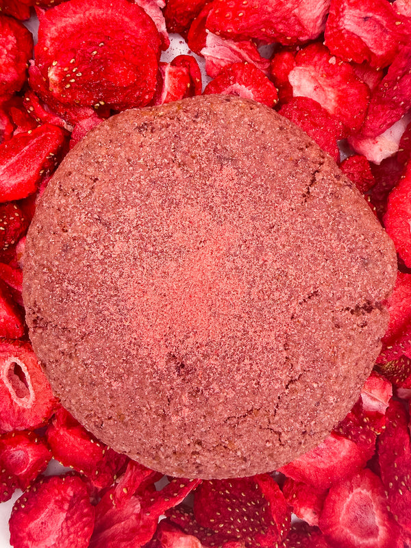 Redhead: gluten-free strawberry cookie on a bed of strawberries