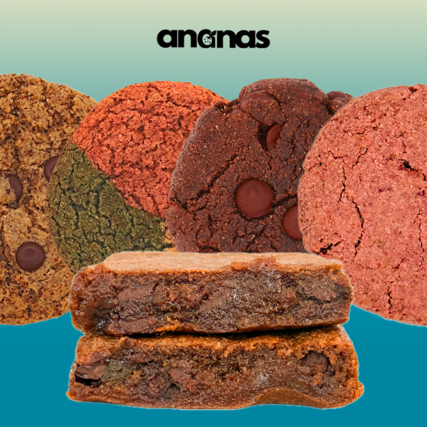 Ananas Starting Six sampler box:4 cookies lineup and 2 Dirty Blondies stacked
